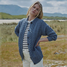 Load image into Gallery viewer, Merino Wool Aran Cable Lumber Cardigan Denim Tara Irish Clothing.com