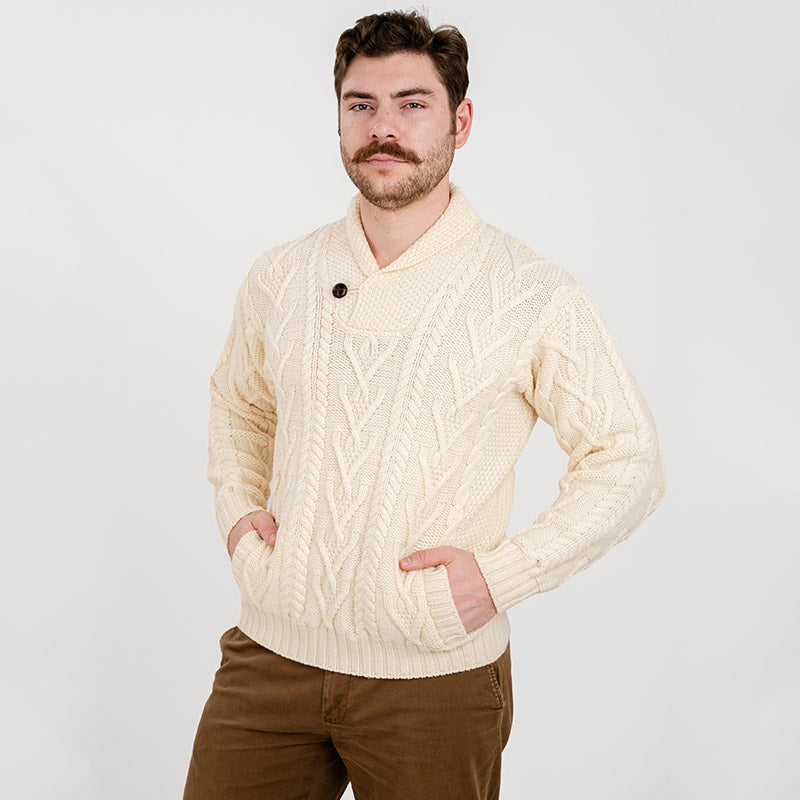 mens sweater over dress shirt Merino Shawl Neck Irish Sweater, Natural / Extra Extra Extra Large
