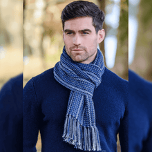 Load image into Gallery viewer, Blue Knit Irish Scarf with Fringe Trim
