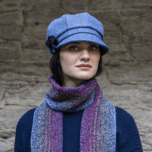 Load image into Gallery viewer, Women&#39;s Irish Wool Newsboy Cap in Blue and Purple Pattern
