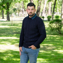 Load image into Gallery viewer, SAOL Mens Donegal Fisherman Sweater AWM210304 Blue Side TaraIrishClothing.com