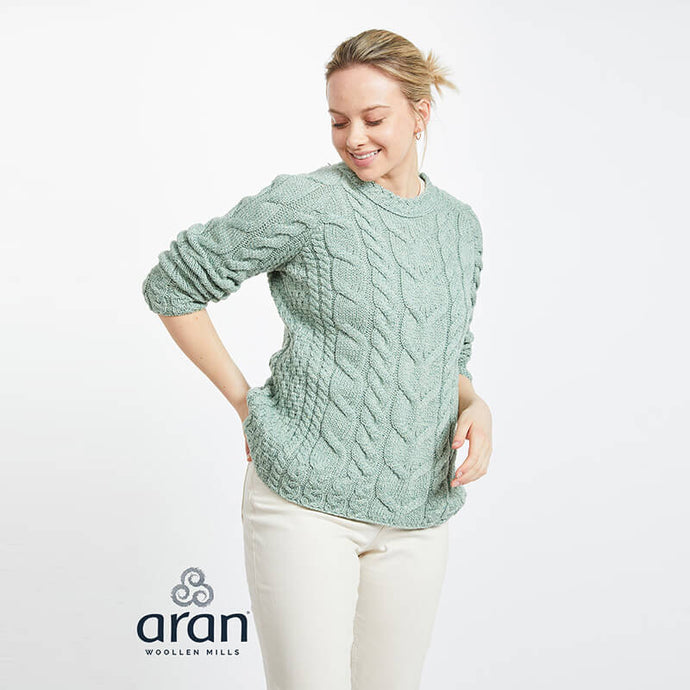 Aran Knit Cable Sweater for Ladies Sea Green Tara Irish Clothing