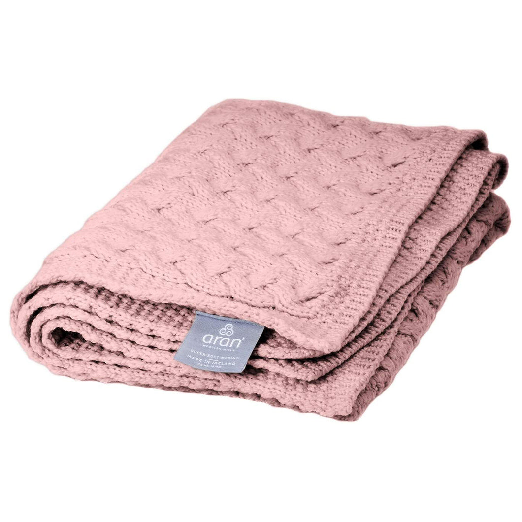 Merino Wool Aran Throw Blanket in Soft Pink Color
