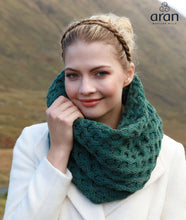 Load image into Gallery viewer, Honeycomb Aran Snood Scarf Connemara Green