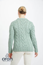 Load image into Gallery viewer, Aran Knit Cable Sweater for Ladies in Sea Green Full ViewTara Irish Clothing
