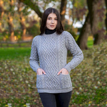 Load image into Gallery viewer, Women Crew Neck Irish Aran Sweater with PocketsGrey ML102 TaraIrishClothing.com