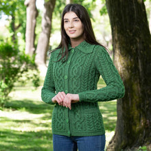 Load image into Gallery viewer, Side View SAOL Ladies Button Green Irish Aran Cardigan ML109105 tarairishclothing.com
