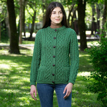 Load image into Gallery viewer, Front SAOL Green Cable Knit Aran Wool Ladies Cardigan ​ML115 TaraIrishClothing.com
