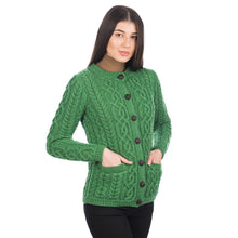 Load image into Gallery viewer, Side SAOL Green Cable Knit Aran Wool Ladies Cardigan ​ML115 TaraIrishClothing.com

