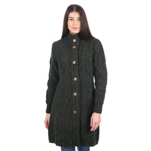 Load image into Gallery viewer, Long Ladies Irish Wool Aran Jacket Green Front
