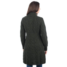 Load image into Gallery viewer, Long Ladies Irish Wool Aran Jacket Back Green
