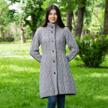 Load image into Gallery viewer, Long Ladies Irish Wool Aran Jacket Grey Full View
