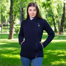 Load image into Gallery viewer, Navy Ladies Irish Aran Jacket with Side Zip Tara Irish Clothing