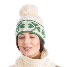 Load image into Gallery viewer, ML201 White Merino Wool Shamrock Bobble Aran Hat Tara Irish Clothing