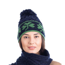 Load image into Gallery viewer, ML201 Navy Blue Merino Wool Shamrock Bobble Aran Hat Tara Irish Clothing