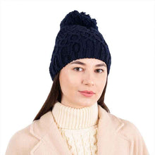 Load image into Gallery viewer, Aran Cable Knit Bobble Hat Navy Tara Irish Clothing