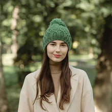Load image into Gallery viewer, Aran Cable Knit Bobble Hat Tara Irish Clothing in Green