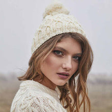 Load image into Gallery viewer, ML310 Aran Cable Knit Bobble Hat in White Color Tara Irish Clothing