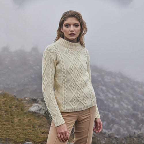 ML905 Women's Wool Cable Knit Aran Sweater White Tara Irish Clothing