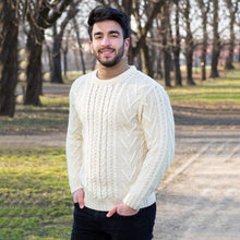 Load image into Gallery viewer, SAOL Irish Cable Knit Wool Aran Sweater for Men White MM202 Tara Irish Clothing