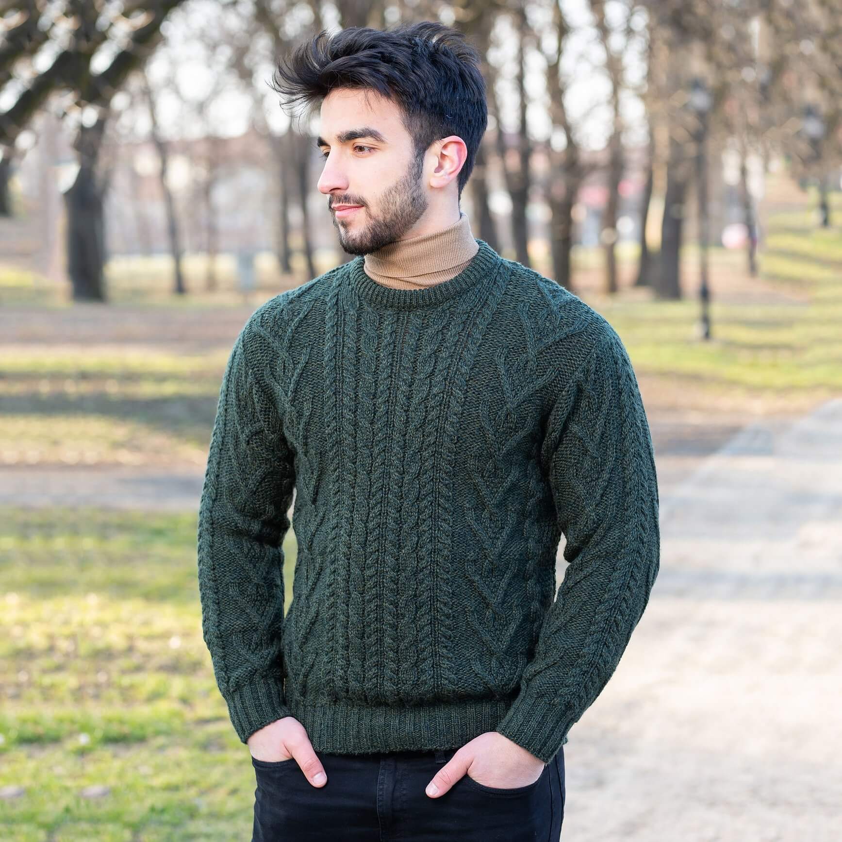 Army Green Irish Cable Knit Wool Aran Sweater for Men