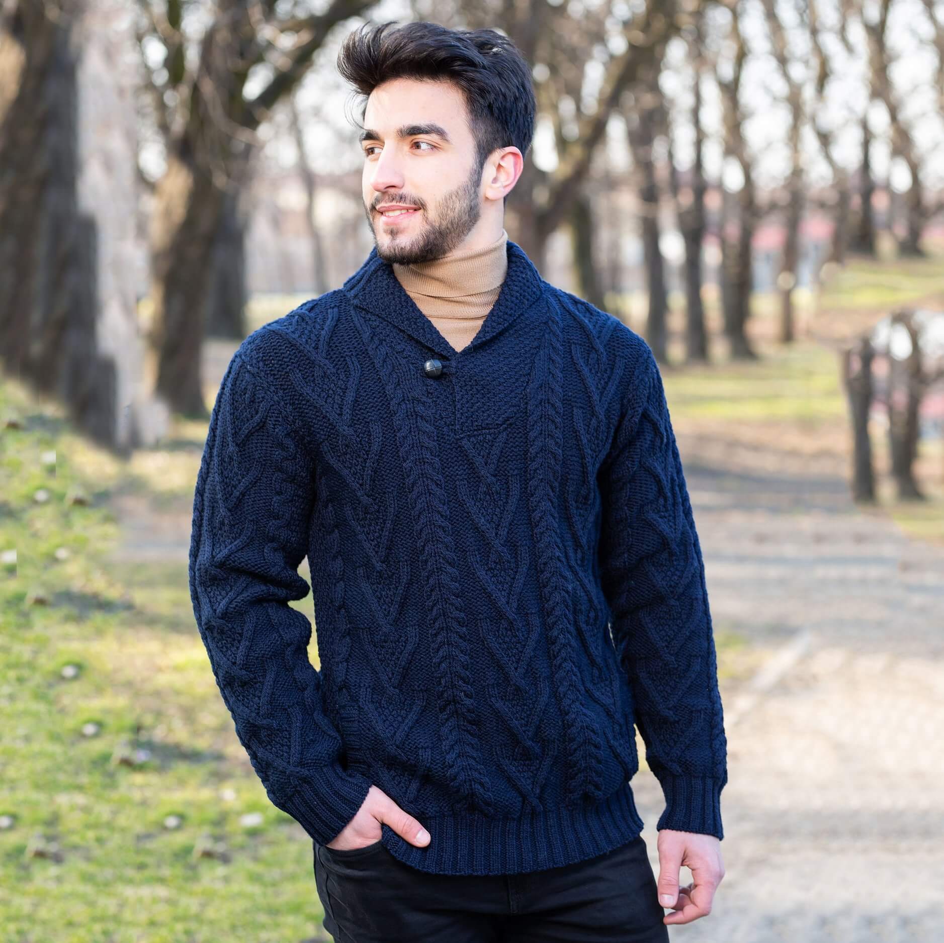 Merino Wool Shawl Neck Button Irish Sweater for Men