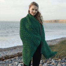 Load image into Gallery viewer, Plaited Merino Wool Aran Throw Green Color Tara Irish Clothing