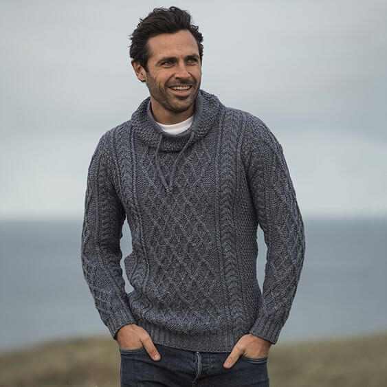 Men's Merino Wool Aran Sweater Grey Tara Irish Clothing