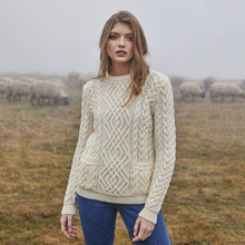 Load image into Gallery viewer, Women Crew Neck Irish Aran Sweater with Pockets in White