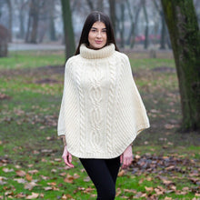 Load image into Gallery viewer, Ladies Rolled Collar Irish Poncho Sweater White Ml132 Tara
