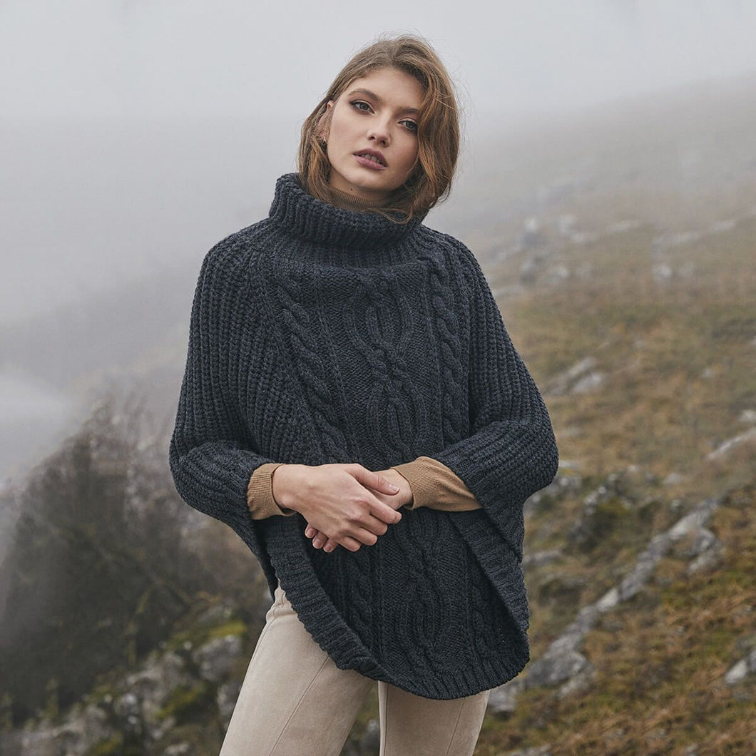 Charcoal Ladies Rolled Collar Irish Poncho Sweater ML132 Tara