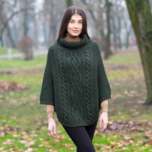 Load image into Gallery viewer, Ladies Rolled Collar Irish Poncho Sweater Green ML132

