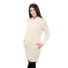 Load image into Gallery viewer, ML143 Long Merino Wool Aran Zipper Cardigan White Tara Irish Clothing