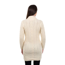 Load image into Gallery viewer, ML143 Long Merino Wool Aran Zipper Cardigan White Back View Tara Irish Clothing