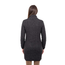 Load image into Gallery viewer, ML143 Long Merino Wool Aran Zipper Cardigan Charcoal Color Back View Tara Irish Clothing
