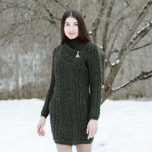 Load image into Gallery viewer, ML143 Long Merino Wool Aran Zipper Cardigan Army Green Color Tara Irish Clothing