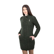Load image into Gallery viewer, ML143 Long Merino Wool Aran Zipper Cardigan Army Green Color Tara Irish Clothing