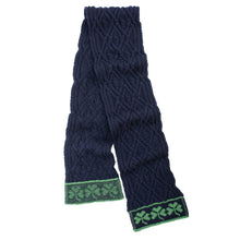 Load image into Gallery viewer, Traditional Irish Shamrock Aran Wool Scarf Navy Full View