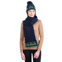 Load image into Gallery viewer, Traditional Irish Shamrock Aran Wool Scarf Navy