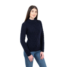 Load image into Gallery viewer, ML905 Women&#39;s Wool Cable Knit Aran Sweater Navy Blue Side View Tara Irish Clothing
