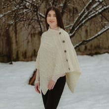 Load image into Gallery viewer, ML906 Aran Cable Buttoned Wool Poncho White Tara Irish Clothing