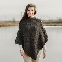 Load image into Gallery viewer, ML906 Aran Cable Buttoned Wool Poncho Charcoal Tara Irish Clothing