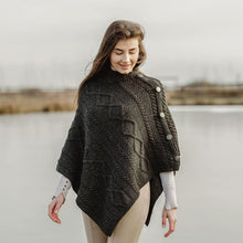 Load image into Gallery viewer, ML906 Aran Cable Buttoned Wool Poncho Charcoal Tara Irish Clothing