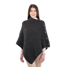 Load image into Gallery viewer, ML906 Aran Cable Buttoned Wool Poncho Charcoal Tara Irish Clothing