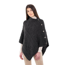 Load image into Gallery viewer, ML906 Aran Cable Buttoned Wool Poncho Charcoal Tara Irish Clothing