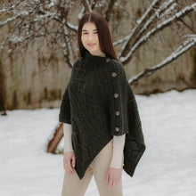 Load image into Gallery viewer, ML906 Aran Cable Buttoned Wool Poncho Army Green Tara Irish Clothing