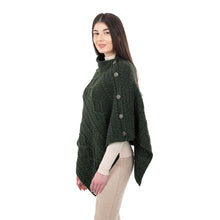 Load image into Gallery viewer, ML906 Aran Cable Buttoned Wool Poncho Army Green Tara Irish Clothing
