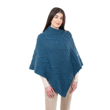 Load image into Gallery viewer, ML906 Aran Cable Buttoned Wool Poncho Teal Tara Irish Clothing