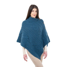 Load image into Gallery viewer, ML906 Aran Cable Buttoned Wool Poncho Teal Tara Irish Clothing