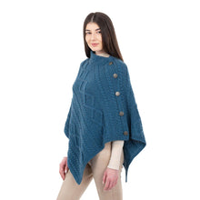Load image into Gallery viewer, ML906 Aran Cable Buttoned Wool Poncho Teal Tara Irish Clothing